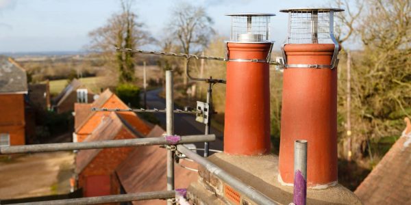 Clay chimney pot with cowl on a roof, repairing chimney with scaffolding UK